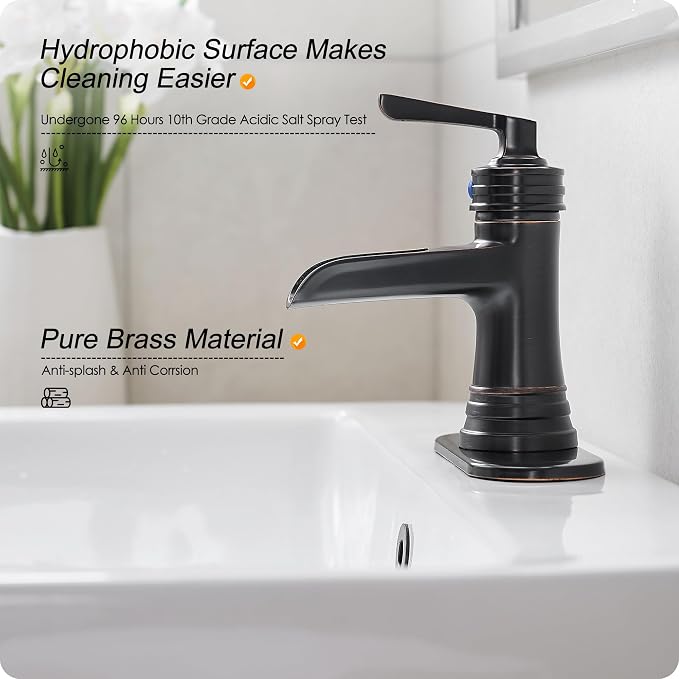 Brass Oil Rubbed Bronze Bathroom Faucet Waterfall Bathroom Sink Faucet 1 Hole or 4 Inch 3 Hole, Single Handle with Deck Plate, Pop-up Drain, cUPC Supply Lines for Vanity, 5 Mins Quick Install