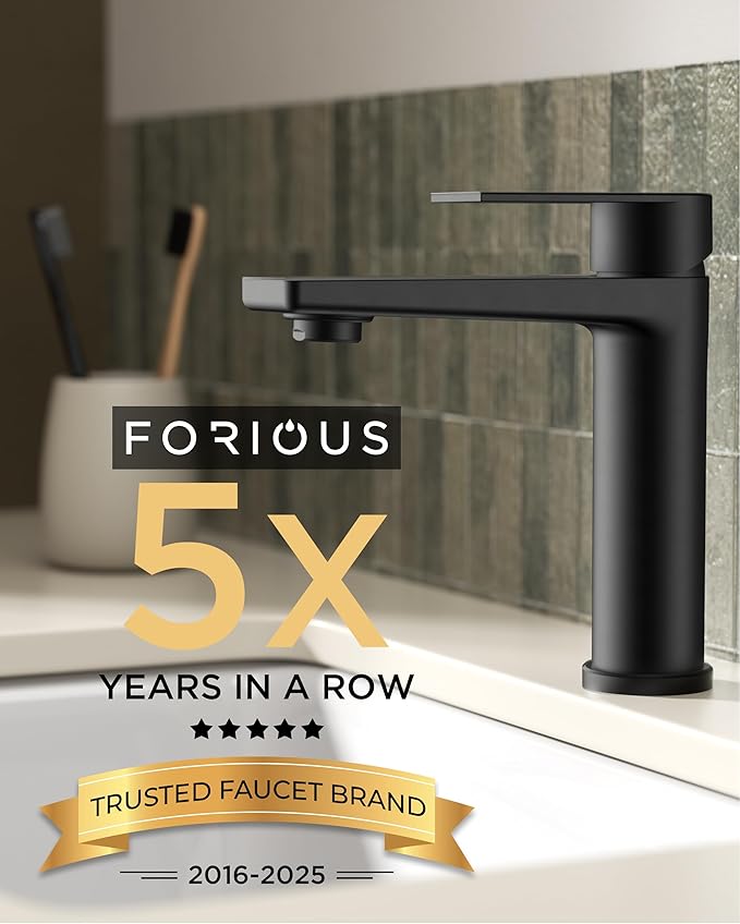 FORIOUS Black Bathroom Faucet 1 Hole, Single Lever Bathroom Sink Faucet Single Hole with Pop-up Drain and Supply Line, Rv Vanity Tap 1 or 3 Hole with Deck Plate for Lavatory Sink Remodel