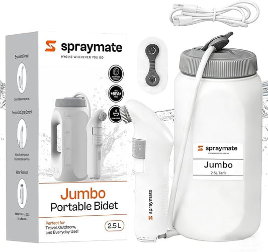 Portable Bidet for Travel & Home – Electric High Pressure Rechargeable Bidet for Women & Men | 2.5L Bottle | 1300ML/Min Flow | USB-C | 1600mAh Battery | USA Brand – Spray Mate Jumbo (White)