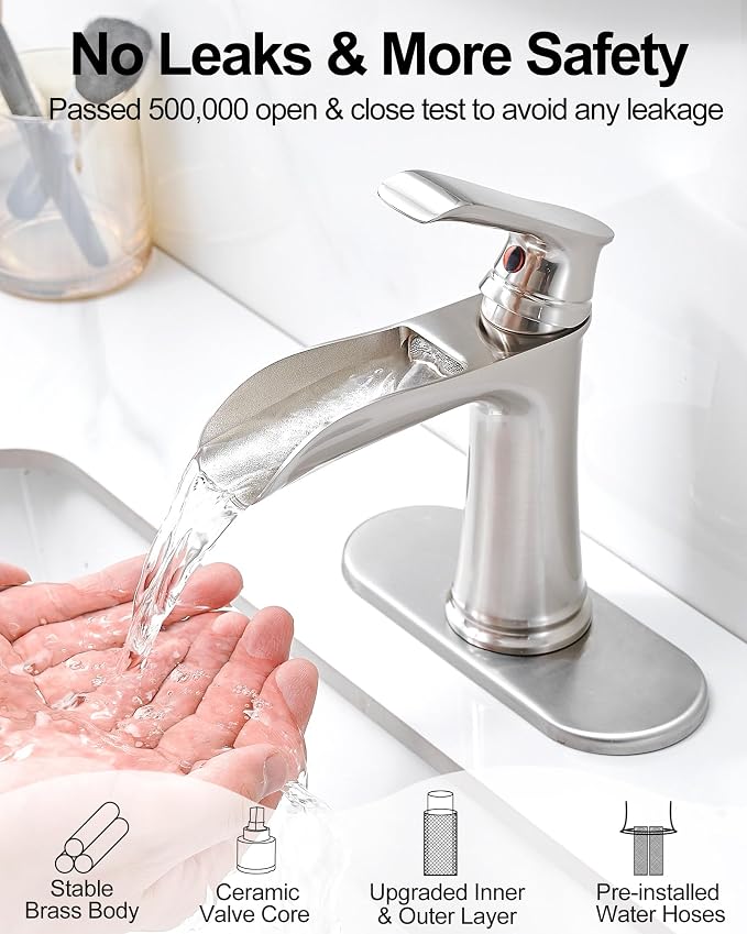 Waterfall Bathroom Faucet, Brass Brushed Nickel Bathroom Faucets, Single Handle Bathroom Sink Faucet, 4 Inch Vanity Faucet 1 Hole or 3 Holes with Drain Deck Plate & Supply Hoses for RV Lavatory