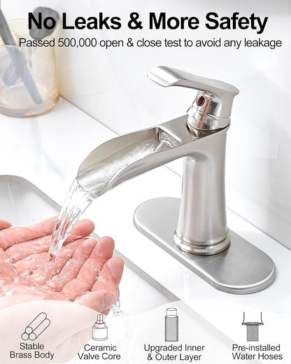 Waterfall Bathroom Faucet, Brass Brushed Nickel Bathroom Faucets, Single Handle Bathroom Sink Faucet, 4 Inch Vanity Faucet 1 Hole or 3 Holes with Drain Deck Plate & Supply Hoses for RV Lavatory