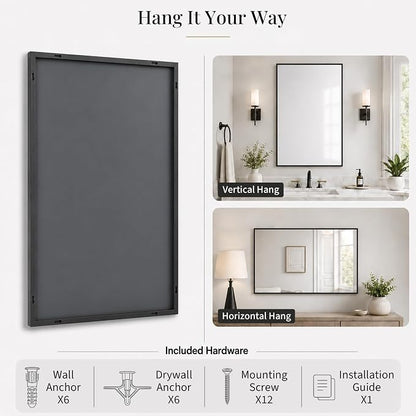 2-Pack 24"x36" Matte Black Framed Bathroom Vanity Wall Mirrors | Taller Vanity Pair, Balanced Twin-Sink Look, Matching Finish Across Rooms, Vertical/Horizontal Hanging, Tempered Glass
