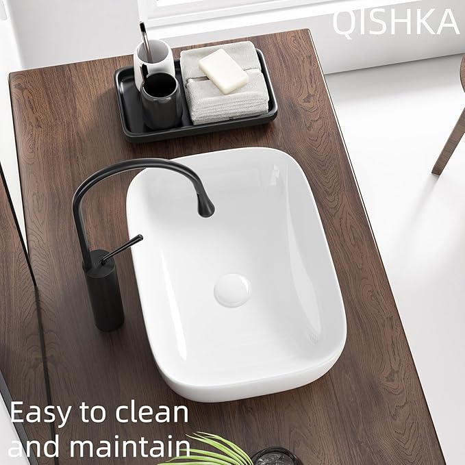 Vessel Sink Bowl Above Counter, QISHKA 18.3" x 13" Ceramic Oval Modern Bathroom Sink White Vanity Sink Lavatory Art Basin