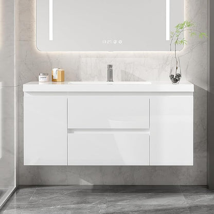 48 Inch Floating Bathroom Vanity with Sink, Large Storage Wall Mounted Floating Vanity with Soft Close Drawers, One-Piece Basin Bathroom Sink Cabinet (Glossy White, 48 Inch)