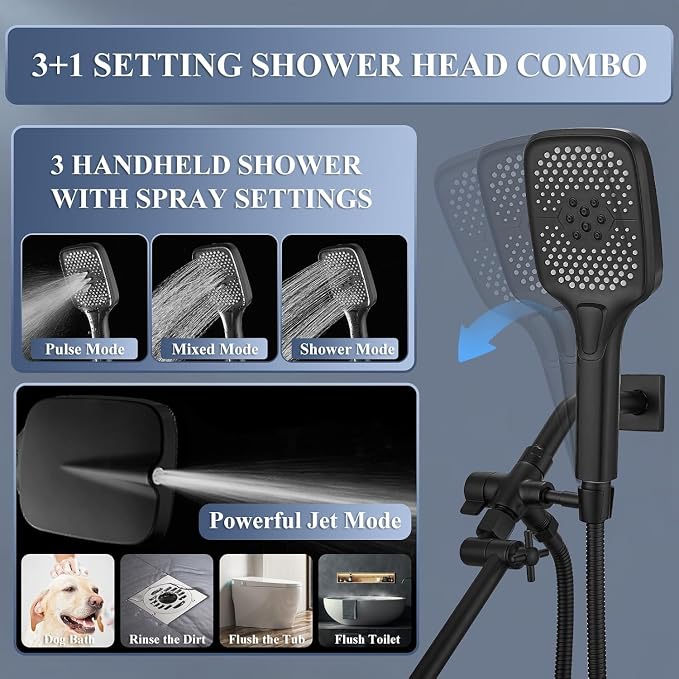 14 Inch Large Shower Head with Handheld Spray Combo and Extention Arm, Rain Rainfall Waterfall High Pressure Shower Heads, Modern Showerhead with 3-Way Diverter - Height/Angle Adjustable(Matte Black)