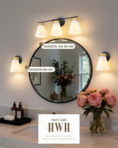 1-Light Bathroom Wall Sconce, HWH Black and Gold Wall Sconce with Frosted Milk White Striped Glass, Modern Bathroom Light Fixture for Bathroom Bedroom, 5HZG97B BK+BG