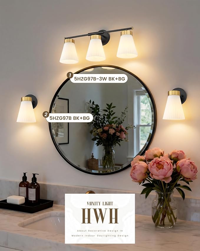 HWH 1-Light Bathroom Wall Sconce, Black and Gold, Modern, 5HZG97B BK+BG | Install Facing Up or Down, 5.9 x 7.3 x 9.4-Inch Fixture, E26 Bulb Max 60W, Bulb Not Included, Mounting Hardware Included