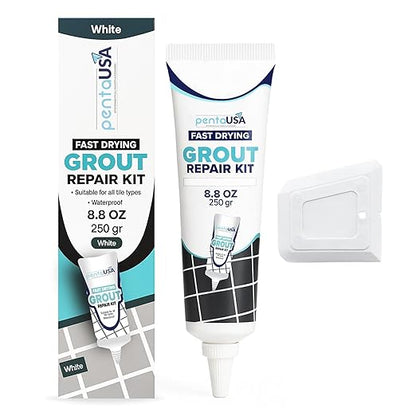 PentaUSA Premixed Tile Grout Repair - White (8.8oz/250g) | Acrylic sanded formula, for bathroom shower kitchen tile, water-resistant, applicator included, 24-hour cure, 29 sq ft
