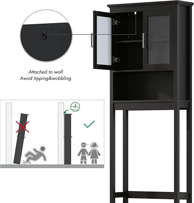 Spirich Over The Toilet Storage Cabinet with Moru Tempered Glass Doors, Bathroom Organizer Above Toilet Storage Cabinet, Espresso