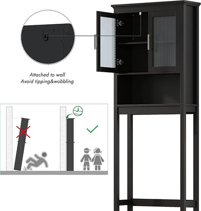 Spirich Over The Toilet Storage Cabinet with Moru Tempered Glass Doors, Bathroom Organizer Above Toilet Storage Cabinet, Espresso