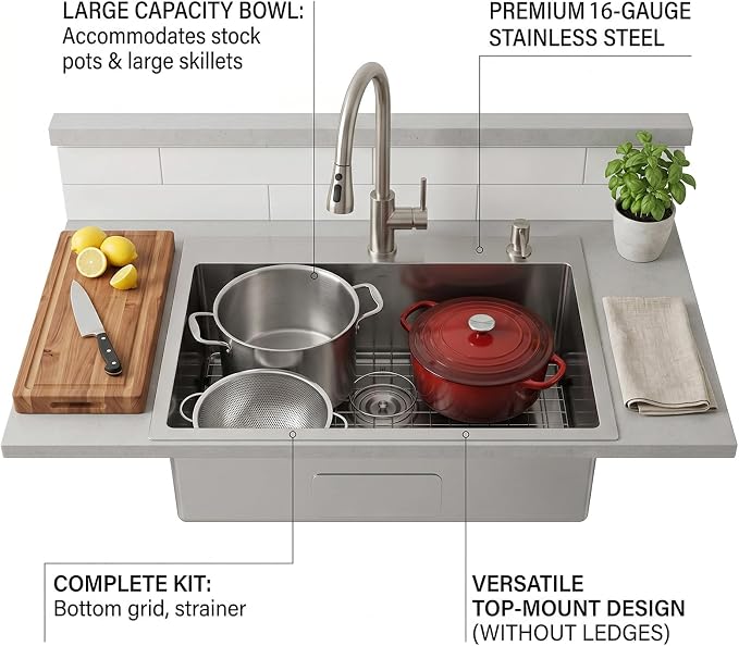 VAPSINT 28 Inch Drop in Kitchen Sink, 28x18 Inch Top Mount 16 Gauge Commercial T304 Stainless Steel Sink for Kitchen, 9 Inch Deep Handmade Single Bowl Basin Laundry Utility Wet Prep Sink, Fregadero