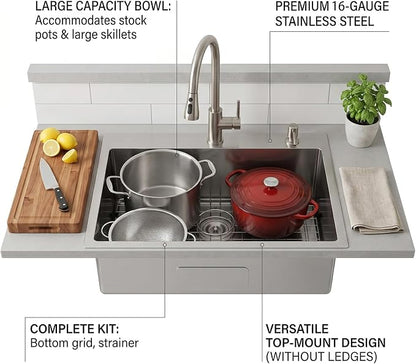 VAPSINT 28 Inch Drop in Kitchen Sink, 28x18 Inch Top Mount 16 Gauge Commercial T304 Stainless Steel Sink for Kitchen, 9 Inch Deep Handmade Single Bowl Basin Laundry Utility Wet Prep Sink, Fregadero