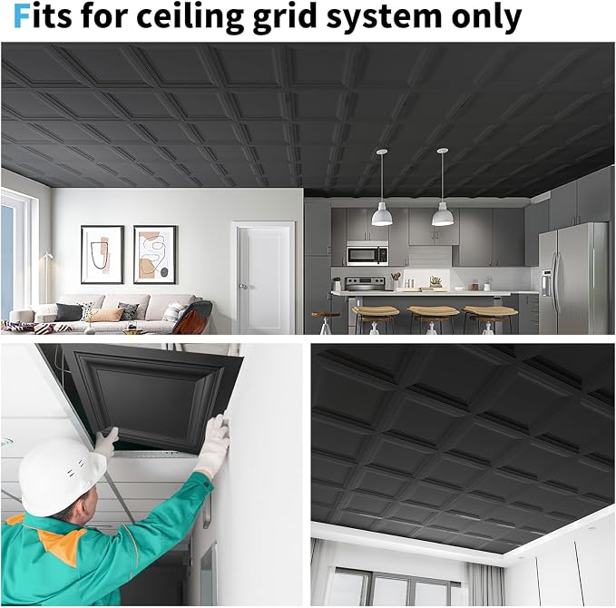 Art3d 12-Pack PVC Waterproof Drop Ceiling Tiles, 2 x 2 ft, Square, Black | Lightweight, Easy to Clean, Compatible with 15/16" Grid System, Suitable for Kitchen, Bathroom