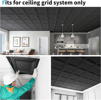 Art3d 12-Pack PVC Waterproof Drop Ceiling Tiles, 2 x 2 ft, Square, Black | Lightweight, Easy to Clean, Compatible with 15/16" Grid System, Suitable for Kitchen, Bathroom