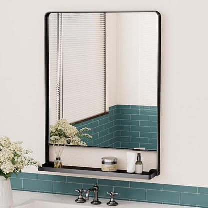 Keonjinn 24 x 32 in Black Bathroom Mirror with Shelf, Rounded Corner | Rust-Resistant, Rectangle Metal Bathroom Vanity Mirror with Storage, French Cleat Mount, Entryway, Bedroom, Hallway, Décor