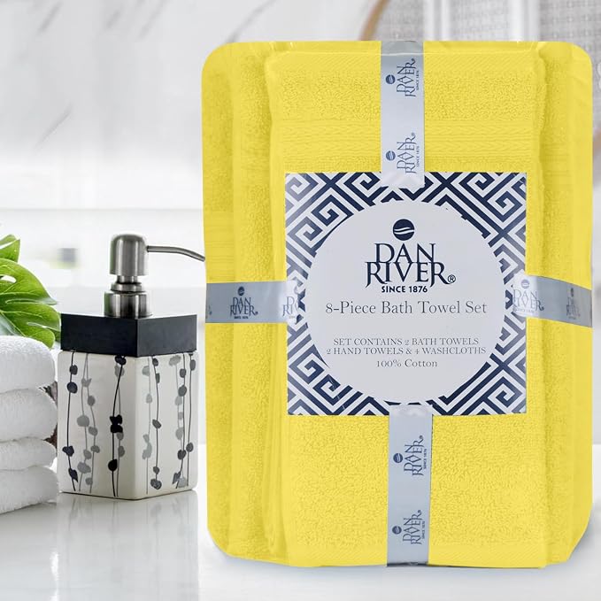 DAN River 8 Piece Luxury Bath Towels for Bathroom, Towel Set, Yellow | 2 Bath towels, 2 Hand towels, and 4 Wash Cloths, 600 GSM 100% Ring Spun Cotton, Highly Absorbent, Gym, Hotel, guest, and Spa