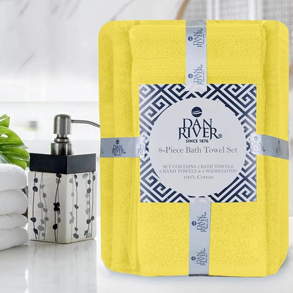 DAN River 8 Piece Luxury Bath Towels for Bathroom, Towel Set, Yellow | 2 Bath towels, 2 Hand towels, and 4 Wash Cloths, 600 GSM 100% Ring Spun Cotton, Highly Absorbent, Gym, Hotel, guest, and Spa
