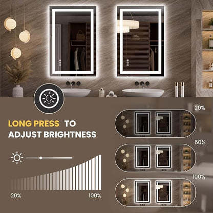 LOAAO 23.6"x35.4" LED Bathroom Mirror with Lights, UL Listed | Anti-Fog, Dimmable, 3 Color Temperature, Backlit + Front Lit, Memory Function, Tempered Glass