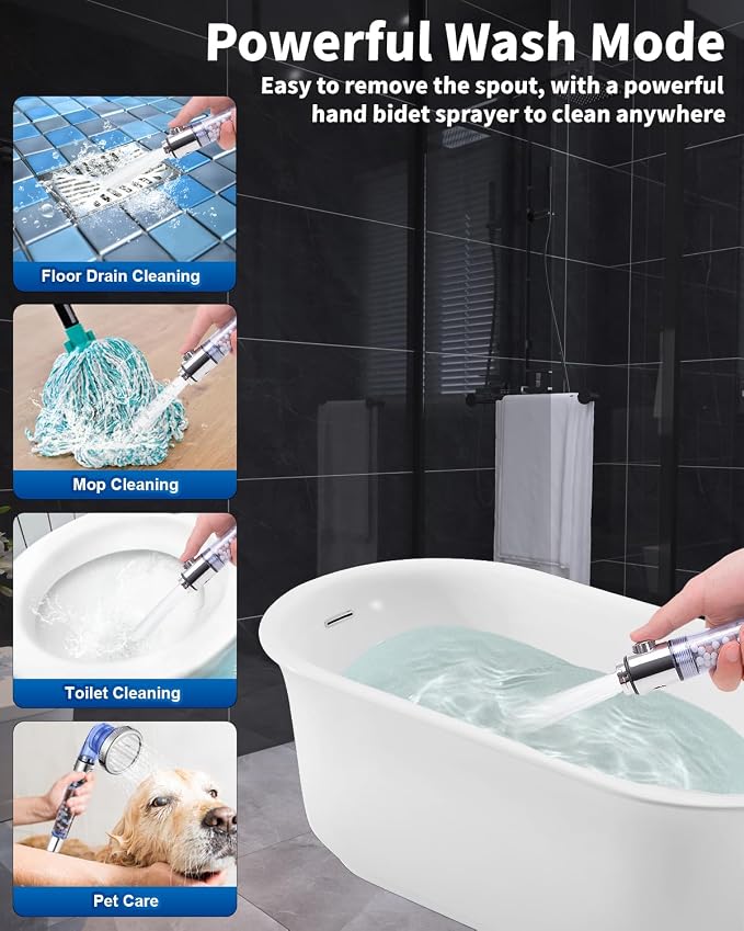 Filtered Shower Head for Hard Water with Stop, High Pressure | 4-Mode, Built-in Power Spray to Clean Corner, Tub & Pets, Water Softener Handheld Shower to Remove Chlorine & Fluoride