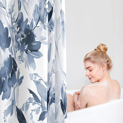 Floor to Ceiling Extra Long Flower Shower Curtain 72x96 Inch, Navy Blue | X-Long Tall 8 Ft Watercolor Floral Modern Abstract Bathroom Fabric Shower Curtain Set with Hooks, Blue White