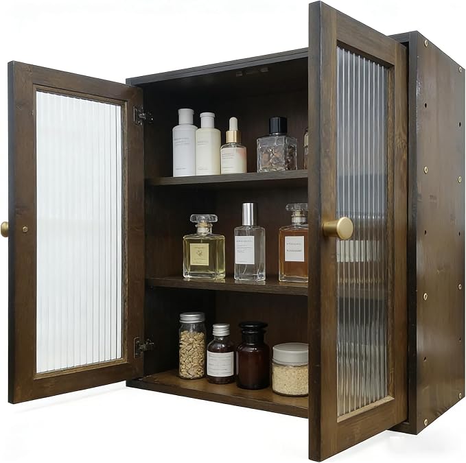 Brown Bamboo Countertop Cabinet Ribbed Glass Doors Adjustable Inner Shelves | 14.6"W×6.7"D×18.1"H magnetic double door cabinet,removable partition,for perfume essential oil kitchen pantry display storage