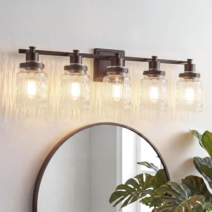 5 Light Bathroom Vanity Light Fixtures Farmhouse Oil Rubbed Bronze | ETL Certificate, Easy to Install,Wall Mount Up or Down,Hammered Glass Lampshade,E26 Socket,Hardwired,120V