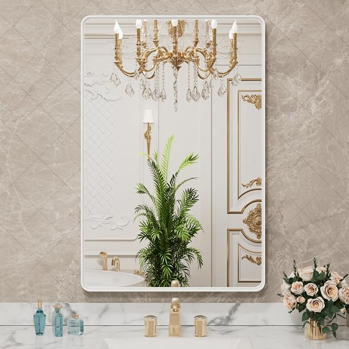 LOAAO White Metal Framed Bathroom Mirror, 20x30 Inch | Rounded Rectangle, Anti-Rust, Hangs Horizontally or Vertically