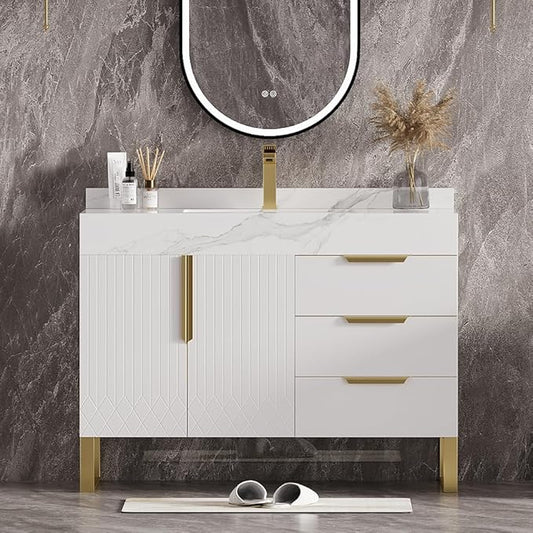 homary 36" Freestanding Bathroom Vanity Set with Single Sink, Modern Bathroom Sink Cabinet Storage Cabinet with Sintered Stone Countertop and Ample Storage, White