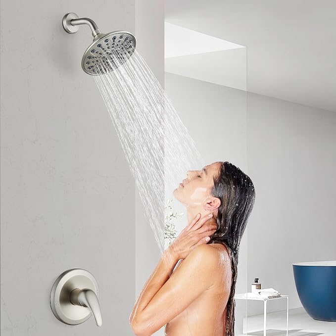 gotonovo Shower Faucet Set with Valve 6 Mode Rain Head Brushed Nickel | Bathroom Shower Head and Handle Set Complete Combo,6 Mode Multi 6’’ ABS Rainfall Showerhead,Brass Valve Trim Kit,Wall Mount