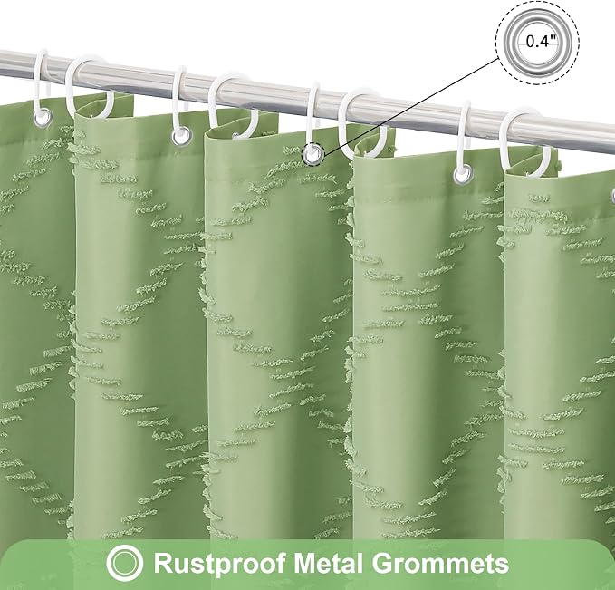 Sage Boho Woven Fabric Shower Curtain with Tassel 72 x 78, Tufted Textured | Modern Farmhouse Curtain for Bathroom, Long Bathroom Curtain, Minimalist Decor, Waterproof