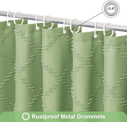 Sage Boho Woven Fabric Shower Curtain with Tassel 72 x 72, Tufted Textured | Modern Farmhouse Curtain for Bathroom, Standard Bathroom Curtain, Minimalist Decor, Waterproof