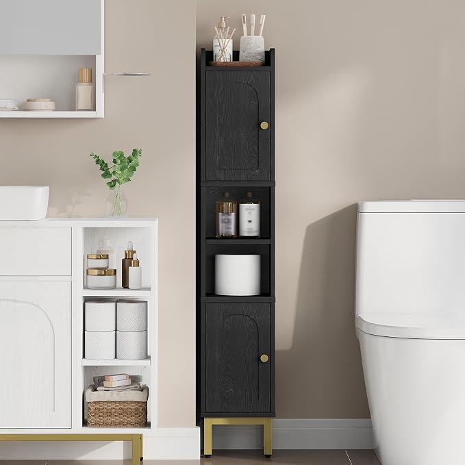 Hzuaneri Slim Bathroom Storage Cabinet, Narrow Bathroom Organizers,2 Doors | Narrow Bathroom Storage with 4 Adjustable Feet, Laundry Room Organization for Small Space,Kitchen, Black BC22404G
