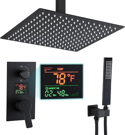 SKOWLL Shower Faucet Set Digital Display, 12 Inch Ceiling Mount Rainfall Shower Head with Handheld Combo, Matte Black Shower Head and Handle Set with Valve