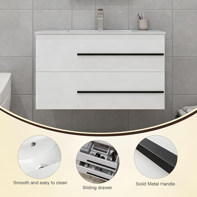 36 inch Floating Bathroom Vanity with Sink, Space Saving Fluted Design for Small Bathrooms, Soft Closing Drawers & Black Handles White