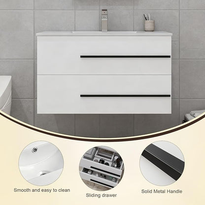 36 inch Floating Bathroom Vanity with Sink, Space Saving Fluted Design for Small Bathrooms, Soft Closing Drawers & Black Handles White