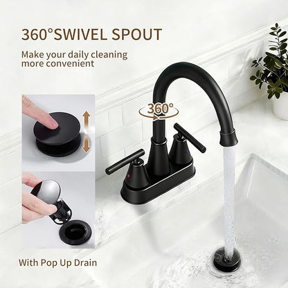 Bathroom Sink Faucet 4 Inch 2 Handle Centerset Matte Black Lead-Free Modern Bathroom Faucet Vanity Faucet with Pop-up Drain Stopper and Supply Hoses