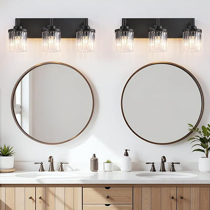 3-Light Black Bathroom Vanity Light, Crystal Glass Shades | Modern Wall Lighting Fixtures Over Mirror, for Bathroom, Matte Black Finish, Rust-resistant Metal, Farmhouse Industrial Style