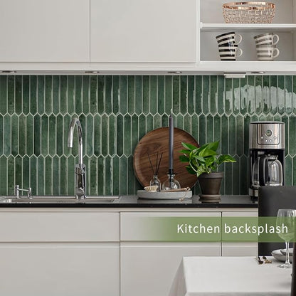 10 Sheets Long Hexagon Tile Peel and Stick Backsplash | Self-Adhesive Wall Tiles Stick on Back Splash for Kitchen, Bathroom, Fireplace,RV(Green,12"×12")