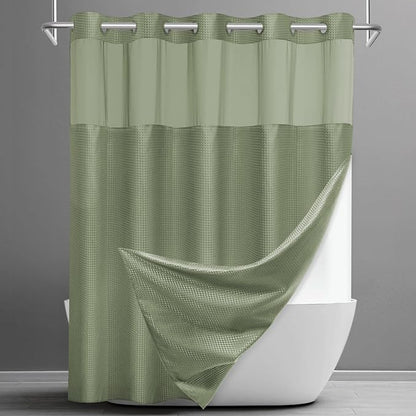 SORTTO No Hook Shower Curtain with Snap in Liner Set Waffle Shower Curtain for Bathroom Hotel Style Fabric Waterproof Inner Liner，71" W x 74" H, Sage Green