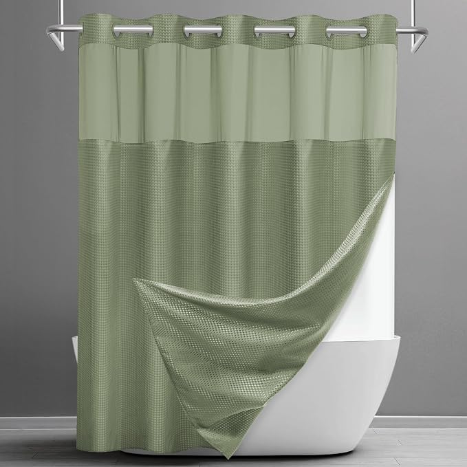 SORTTO No Hook Shower Curtain with Snap in Liner Set Waffle Shower Curtain for Bathroom Hotel Style Fabric Waterproof Inner Liner，71" W x 86" H, Sage Green