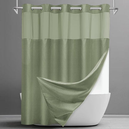 SORTTO No Hook Shower Curtain with Snap in Liner Set Waffle Shower Curtain for Bathroom Hotel Style Fabric Waterproof Inner Liner，71" W x 80" H, Sage Green