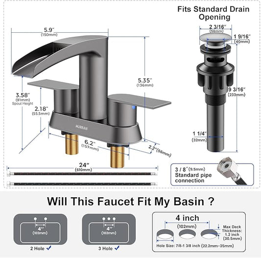 Bathroom Sink Faucet for 3 Hole, Hurran 4 Inch Bathroom Faucets with Pop-up Drain, Stainless Steel 2-Handle Waterfall Faucet for Bathroom Sink, Brushed Grey