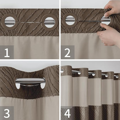 eachope no Hook Shower Curtain and Liner Set，Boho Style with See Through Top Window, Brown Fabric Tufted Striped Textured Outer Curtain & Waterproof Inner Liner, Brown, 71Wx77H