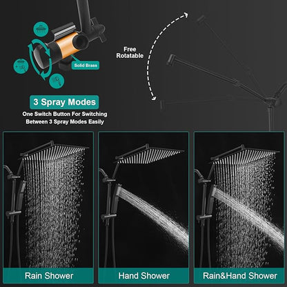 All Metal 12 Inch Rain Shower Head with Handheld Spray Combo, High Pressure Waterfall Rainfall Square Shower Heads with 16" Adjustable Extension Arm, Dual Showerhead with 3-Way Diverter, Matte Black