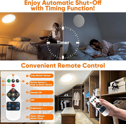 Rechargeable Motion Sensor Ceiling Light, 12000mAh Battery Closet Light | 10" Wireless Battery Powered LED Shower Light, Magnetic Cordless Ceiling Light with Remote, Overhead Lamp for Pantry, 2-Pack