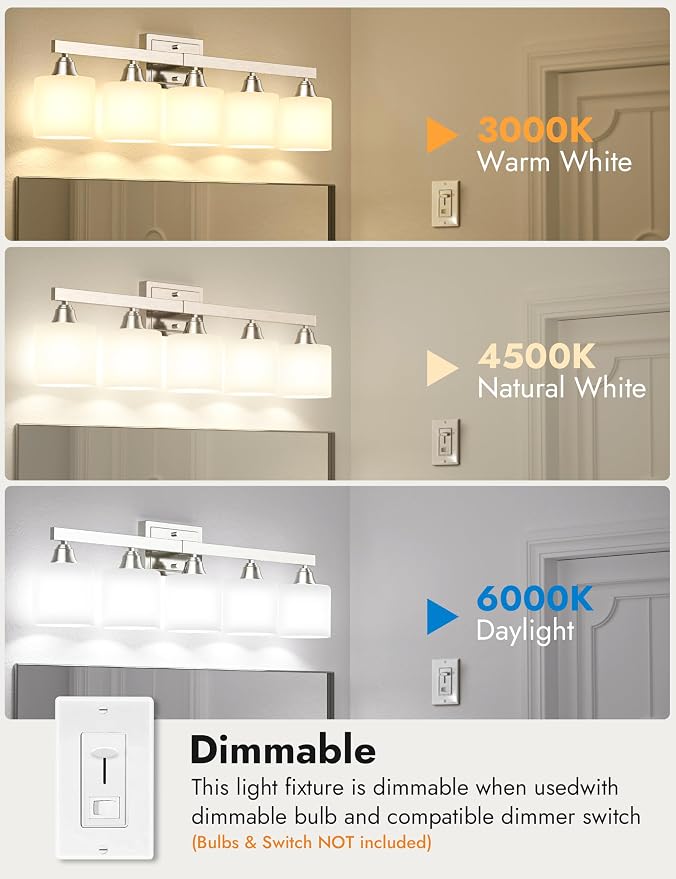 VOLISUN Brushed Nickel 5-Light Bathroom Vanity Light Fixtures Over Mirror | Modern Vanity Light for Bathrooms, Milky White Frosted Glass Shades