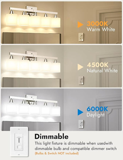 VOLISUN Brushed Nickel 5-Light Bathroom Vanity Light Fixtures Over Mirror | Modern Vanity Light for Bathrooms, Milky White Frosted Glass Shades