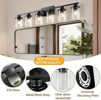 LOUSACE 6 Light Bathroom Vanity Light, Matte Black Bathroom Light Fixtures, Modern Bathroom Lights Over Mirror with Clear Glass Shade, Wall Sconce Lighting for Bathroom Mirror
