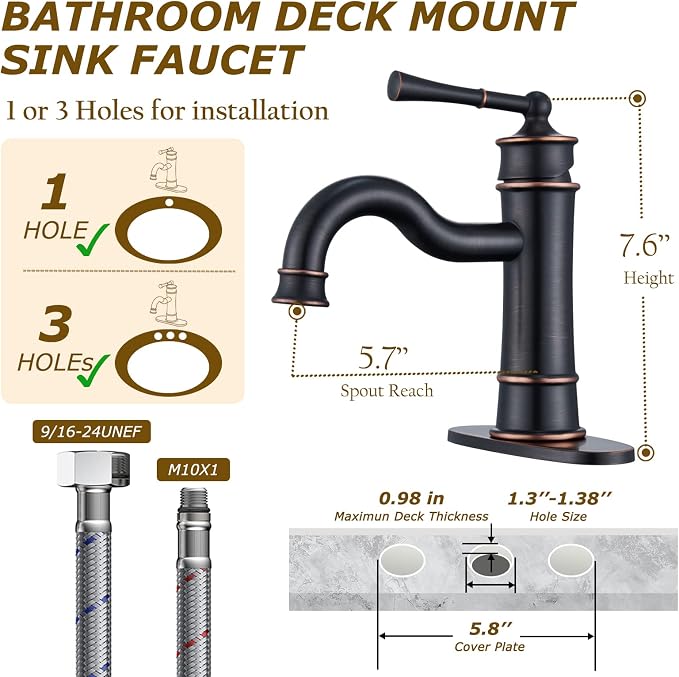 Roman Oil Rubbed Bronze Bathroom Sink Faucet, Single Hole Bathroom Faucet | Classic Brass Bathroom Faucet with Pop-up Drain and Hoses, RV & Outdoor Basins, for 1 or 3 Hole
