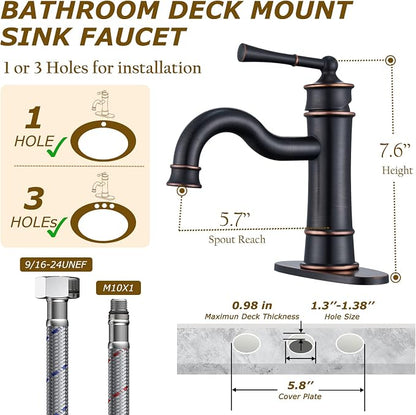 Roman Oil Rubbed Bronze Bathroom Sink Faucet, Single Hole Bathroom Faucet | Classic Brass Bathroom Faucet with Pop-up Drain and Hoses, RV & Outdoor Basins, for 1 or 3 Hole